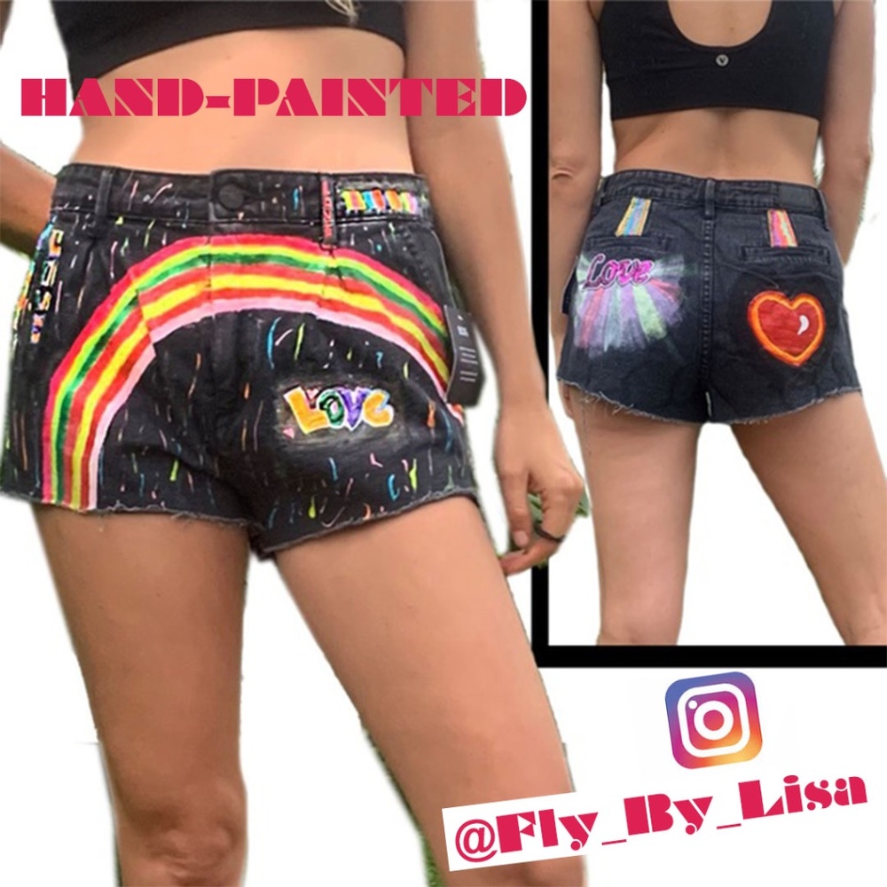 Hand Painted BDG Jean shorts black high rise featuring rainbows and love